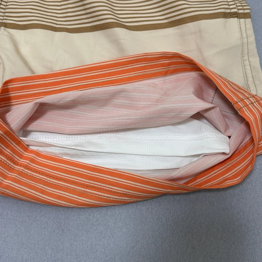 Quiksilver Swim Trunks Mens Large Tan Orange New Striped 7 Inseam Board Shorts